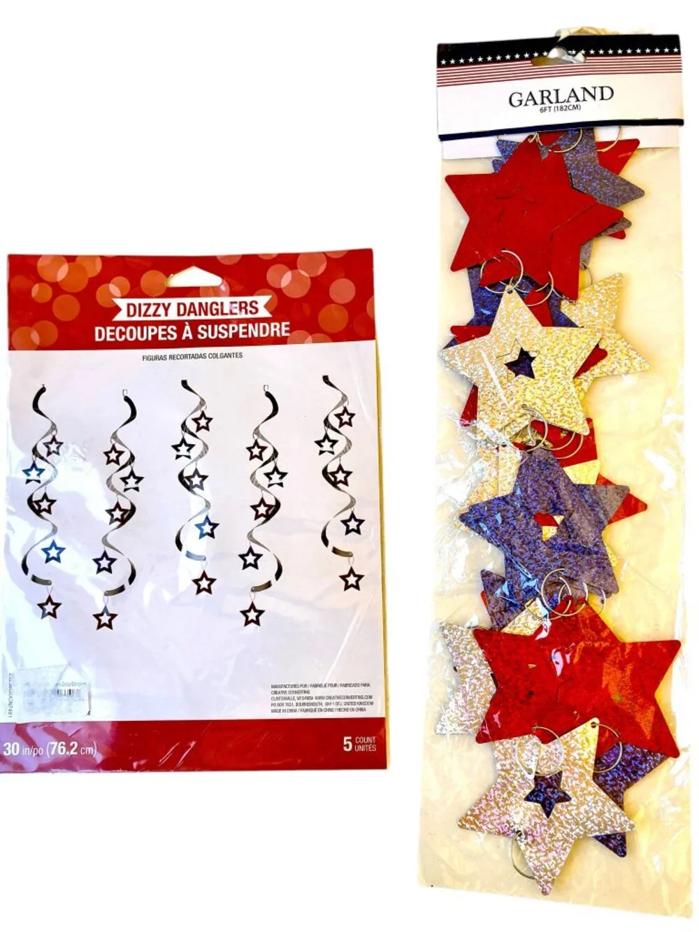 4th of July Hanging GARLAND + DIZZY DANGLERS Red Blue Silver STARS New